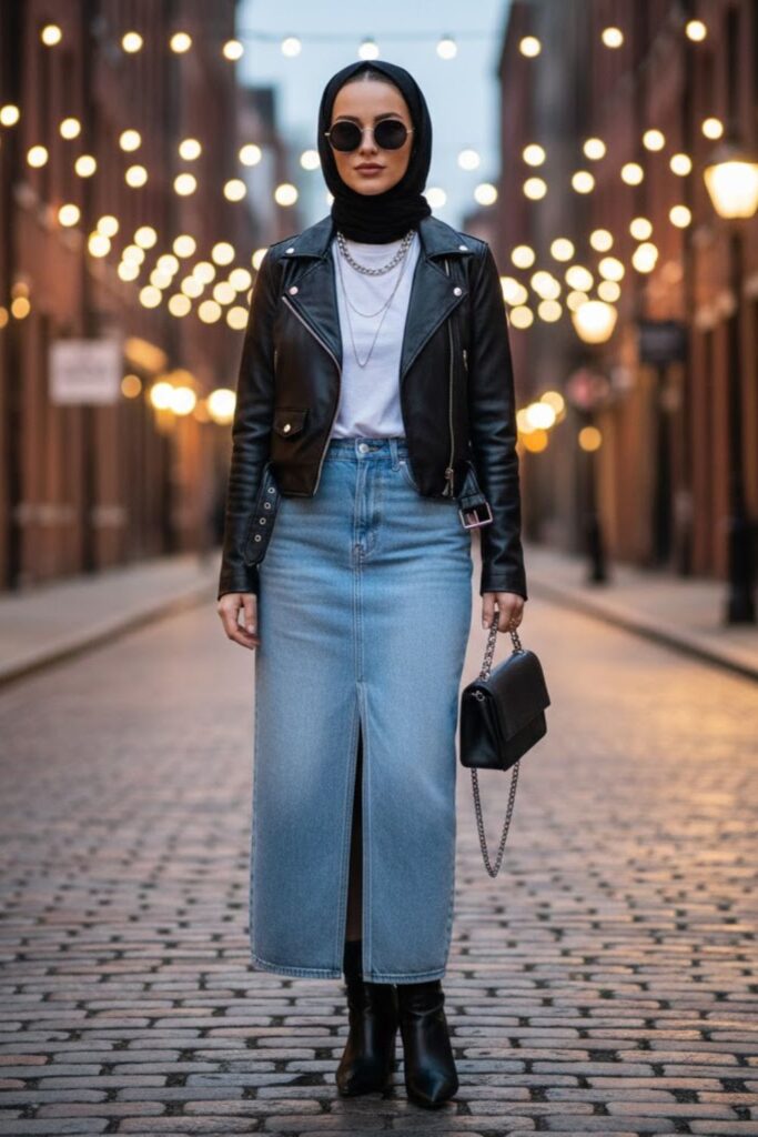 4. Long Denim Skirt with a Leather Jacket and White Tee