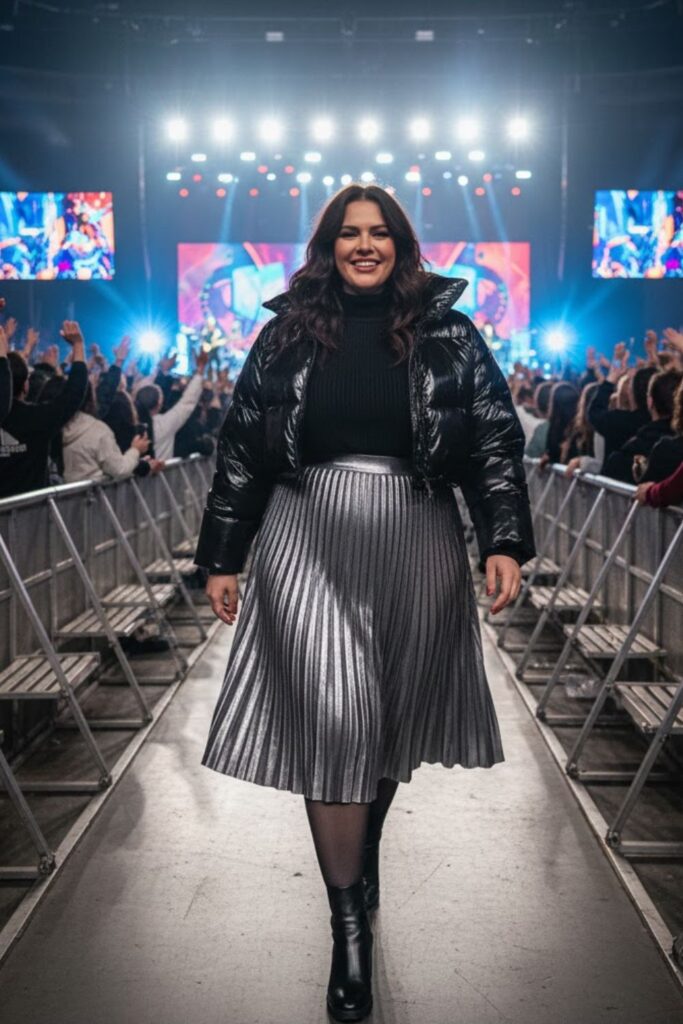 4. Metallic Pleated Skirt + Turtleneck + Cropped Puffer