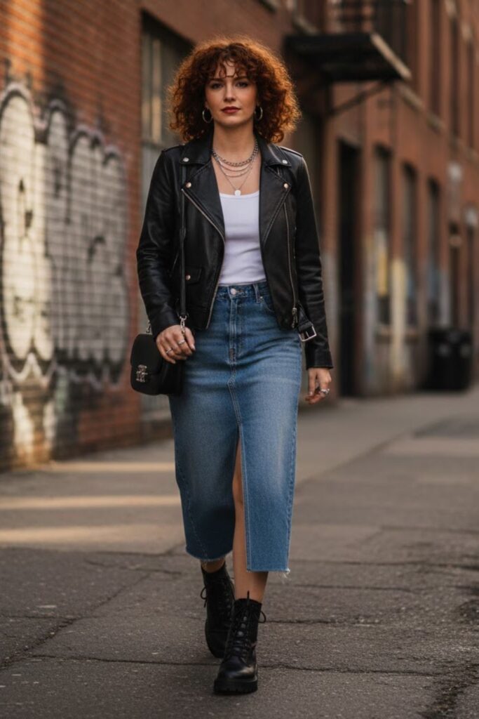 4. Midi Denim Skirt with a Leather Jacket