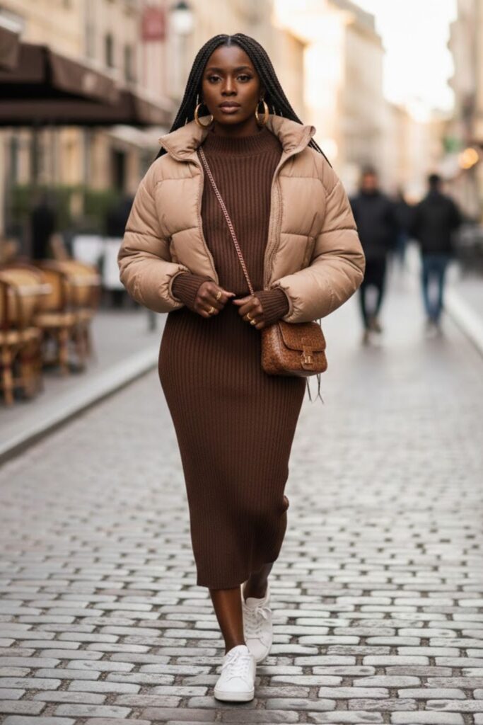 4. Monochrome Knit Set with Puffer Jacket and Sneakers