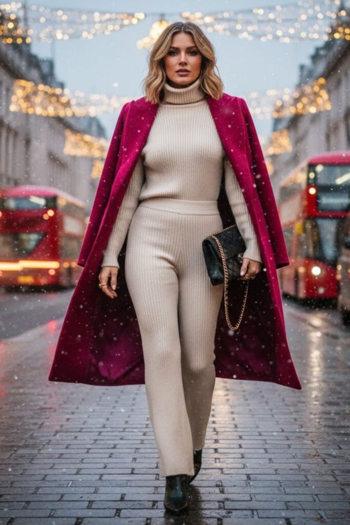 4. Monochrome Sweater Set with Statement Coat