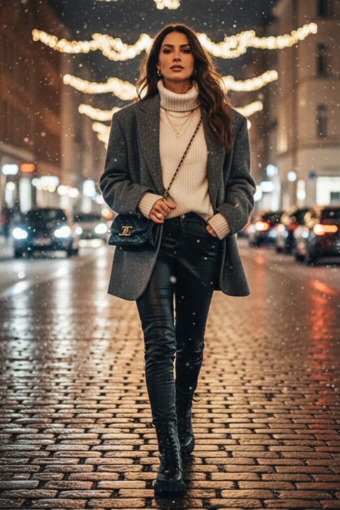 4. Oversized Blazer with Knit Top and Leather Leggings