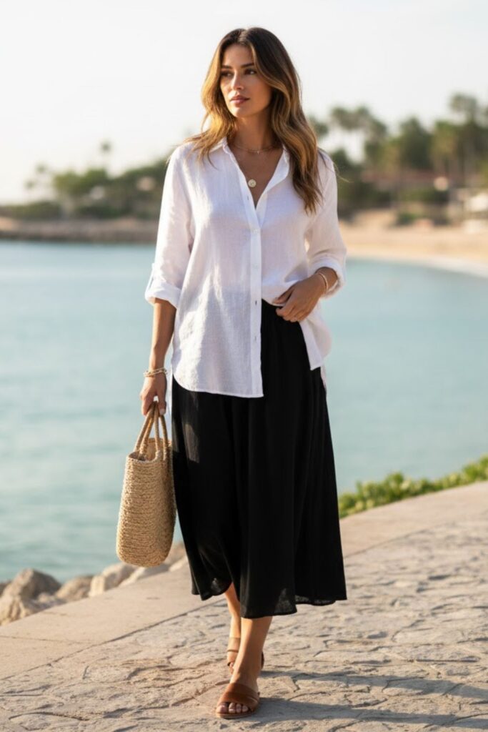 4. Oversized Linen Shirt and Slide Sandals
