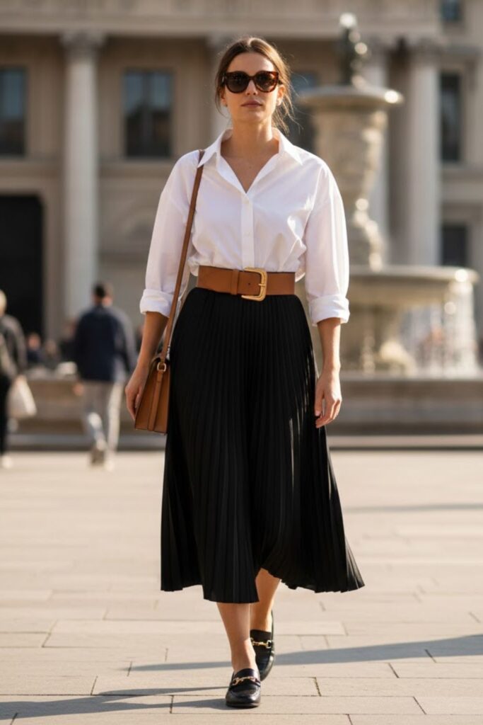 4. Oversized Shirt and Belted Pleated Skirt