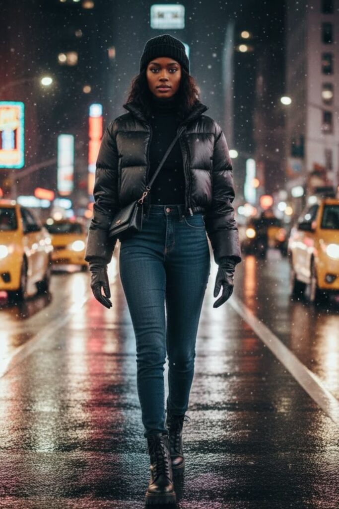 4. Puffer Jacket with High-Waisted Jeans and Boots