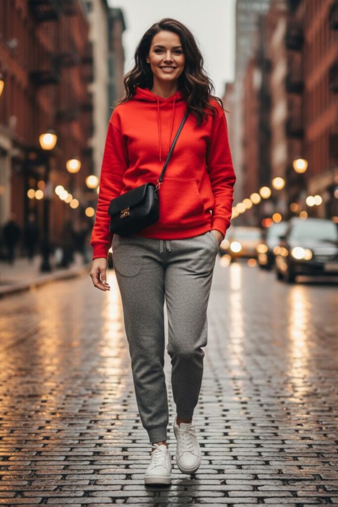 4. Red Hoodie with Grey Sweatpants and Trainers