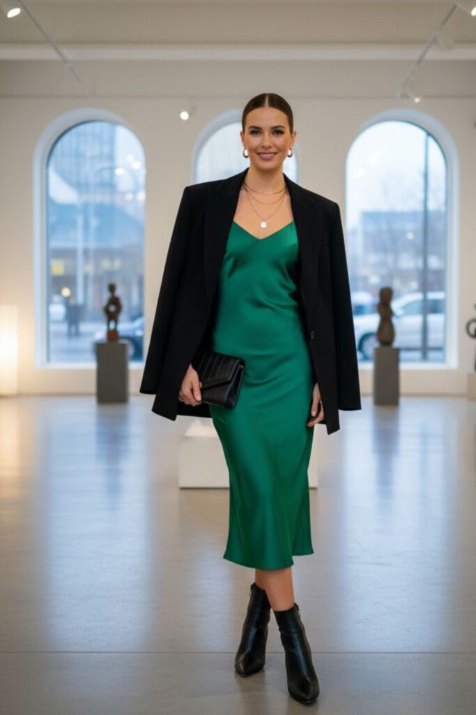 4. Satin Slip Dress with Oversized Blazer