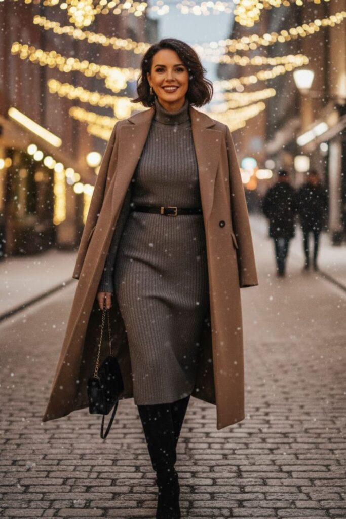 4. Sweater Dress with Belt and Coat
