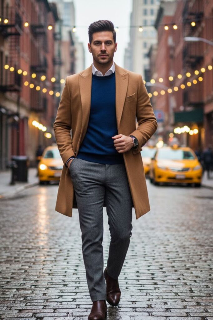 4. Sweater Over Collared Shirt with Tailored Coat
