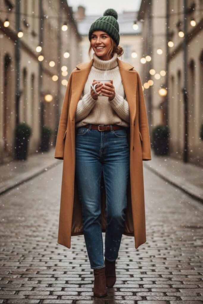 4. Turtleneck Sweater with High-Waisted Jeans