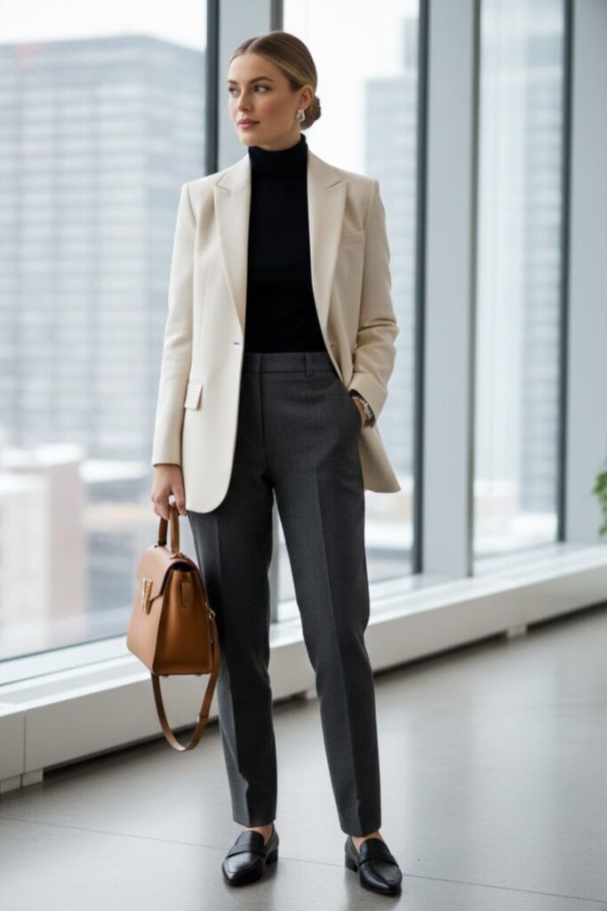 4. Turtleneck and High-Waist Trousers with Blazer