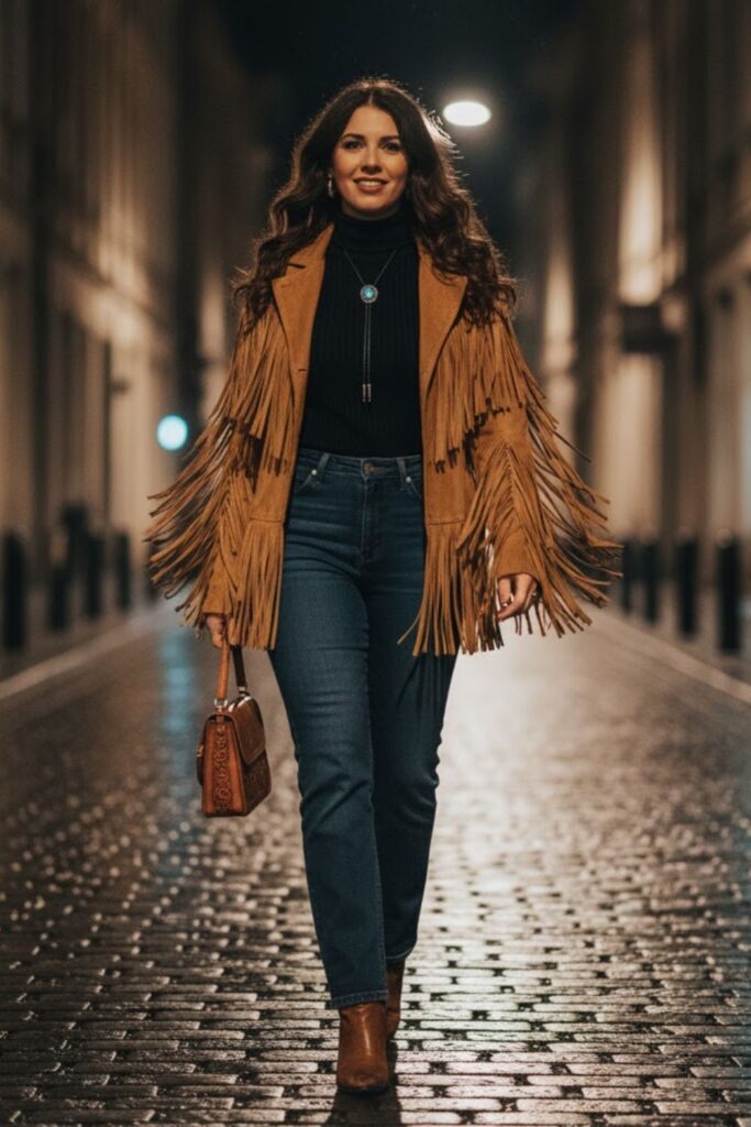 4. Turtleneck with Fringe Jacket and Jeans