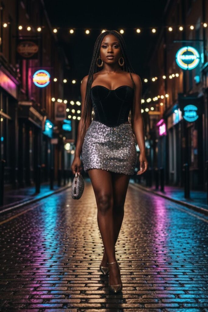 4. Velvet Corset with Sequin Mini Skirt