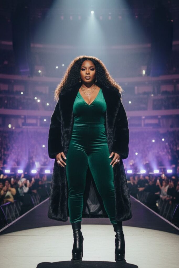 4. Velvet Jumpsuit with Statement Coat