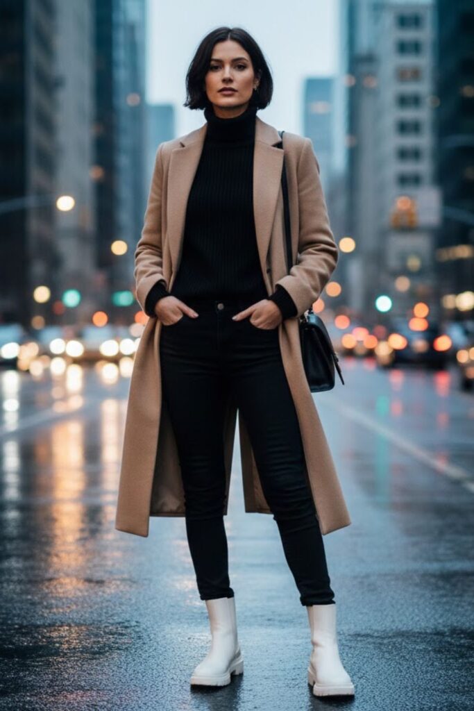 4. White Chelsea Boots with Monochrome Outfit
