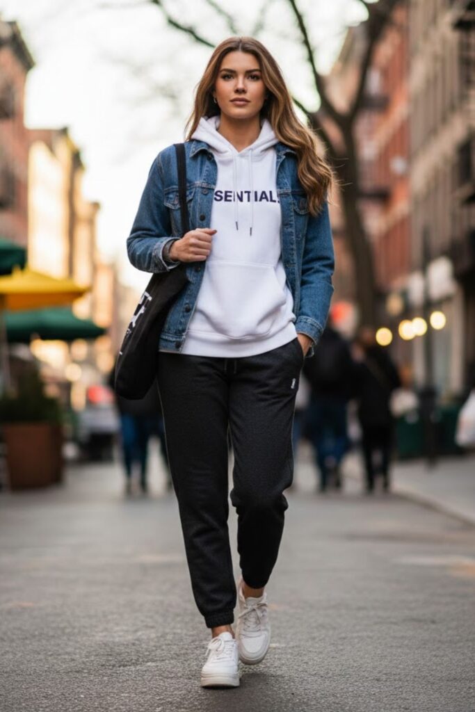 4. White Hoodie with Denim Jacket and Joggers