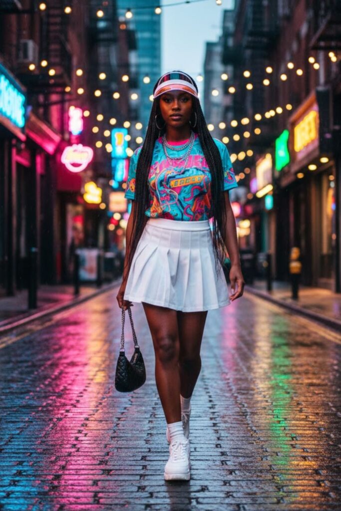 4. White Tennis Skirt with Colorful Graphic Tee