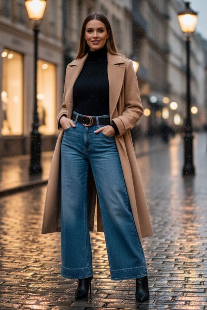 4. Wide-Leg Jeans with Fitted Turtleneck and Belt