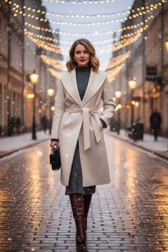 4. Wool Dress with Belted Coat and Heeled Boots