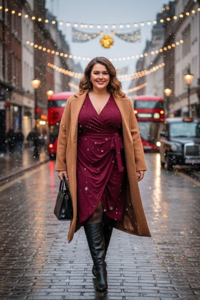 4. Wrap Dress with Tights and Knee-High Boots