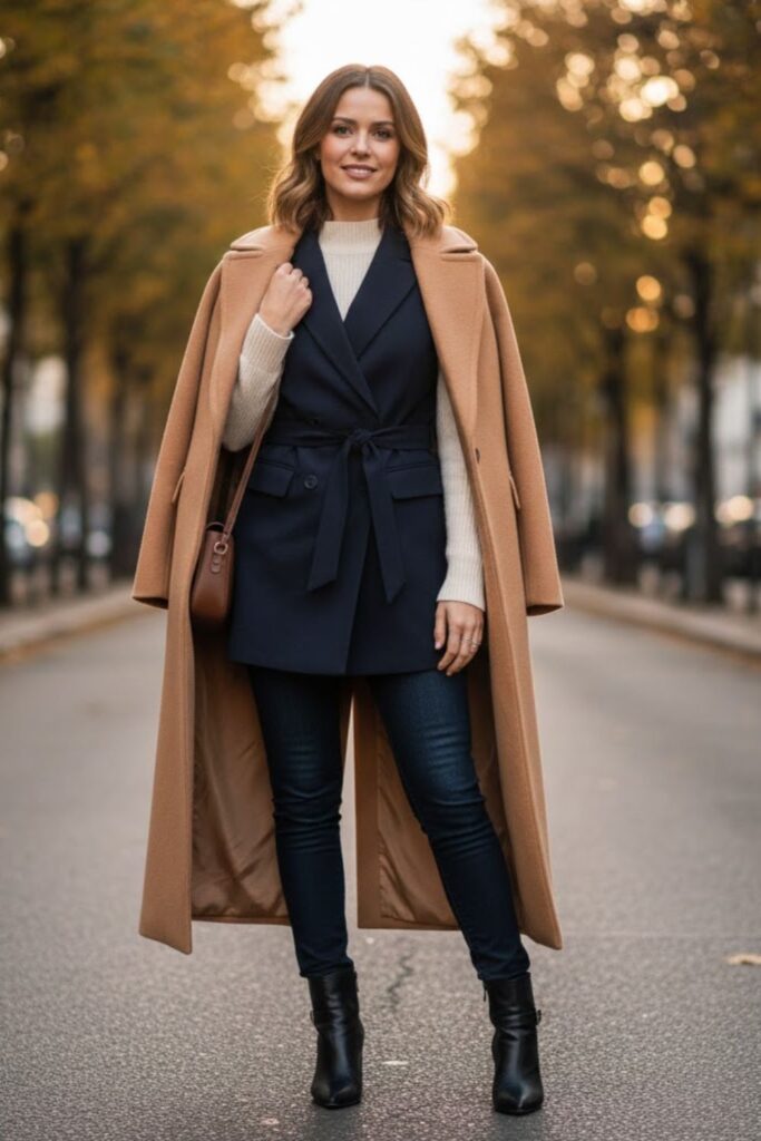 5. Belted Waistcoat with Slim-Fit Jeans and Sweater
