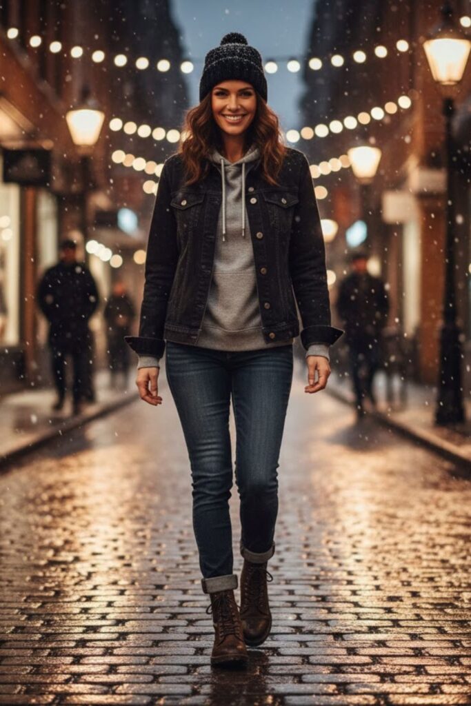 5. Black Denim Jacket with Hoodie and Jeans