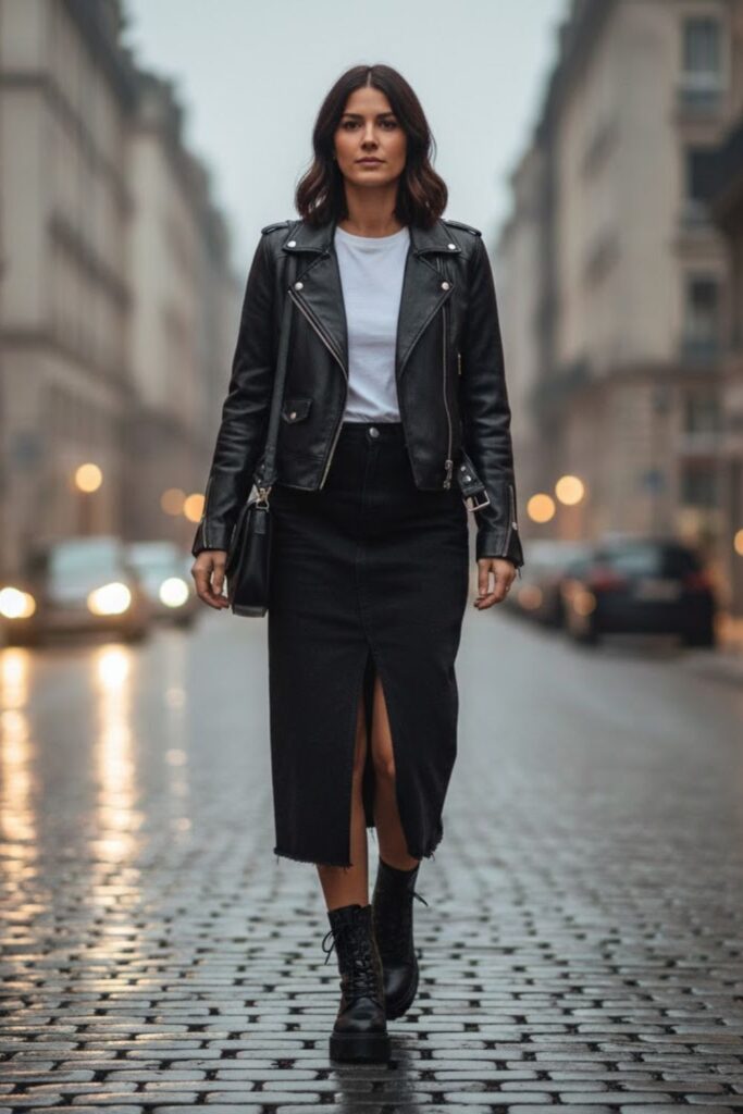 5. Black Denim Midi Skirt with a Leather Jacket