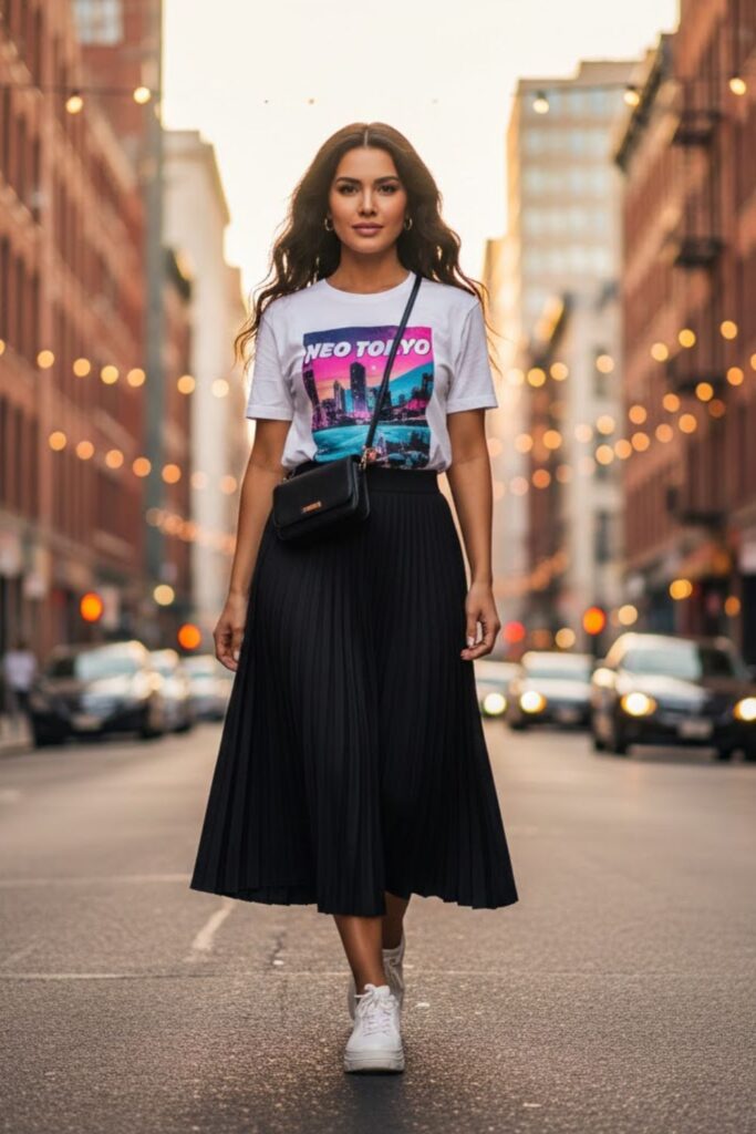 5. Black Midi Skirt with Graphic Tee and Sneakers