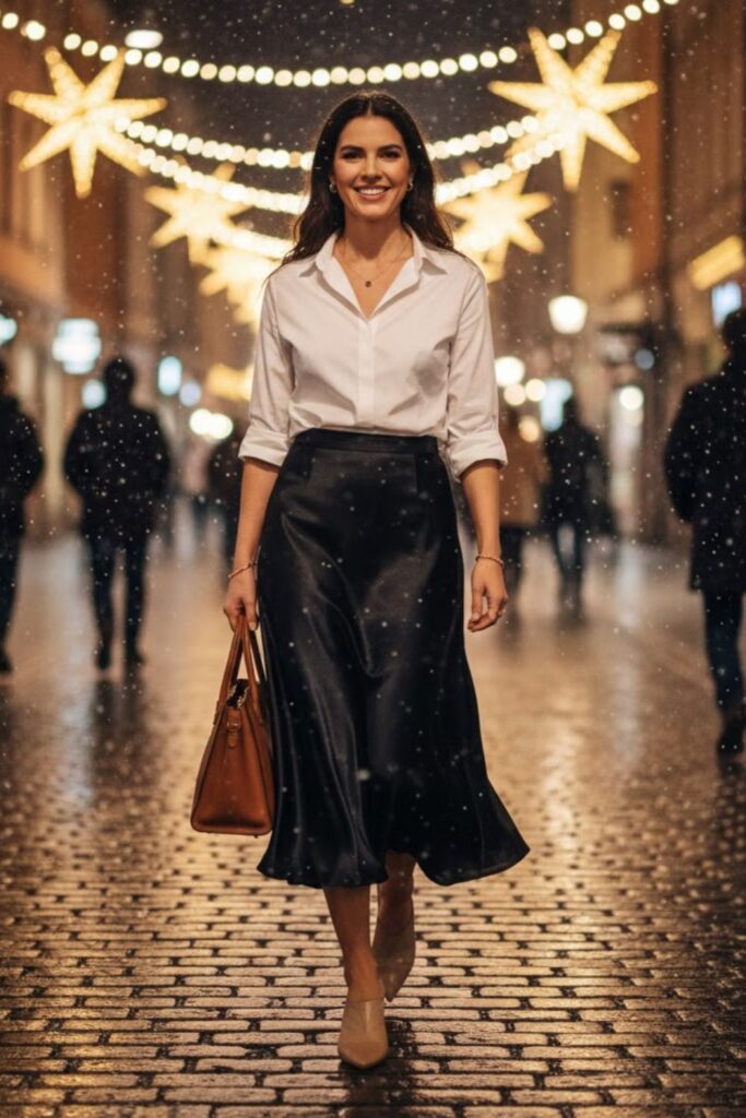 5. Button-Down Shirt Tucked into a Black Silk Skirt