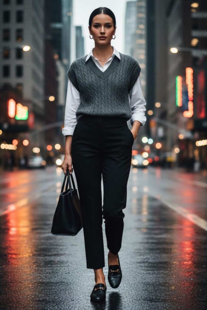 5. Button-Up Shirt with Sweater Vest and Cropped Trousers
