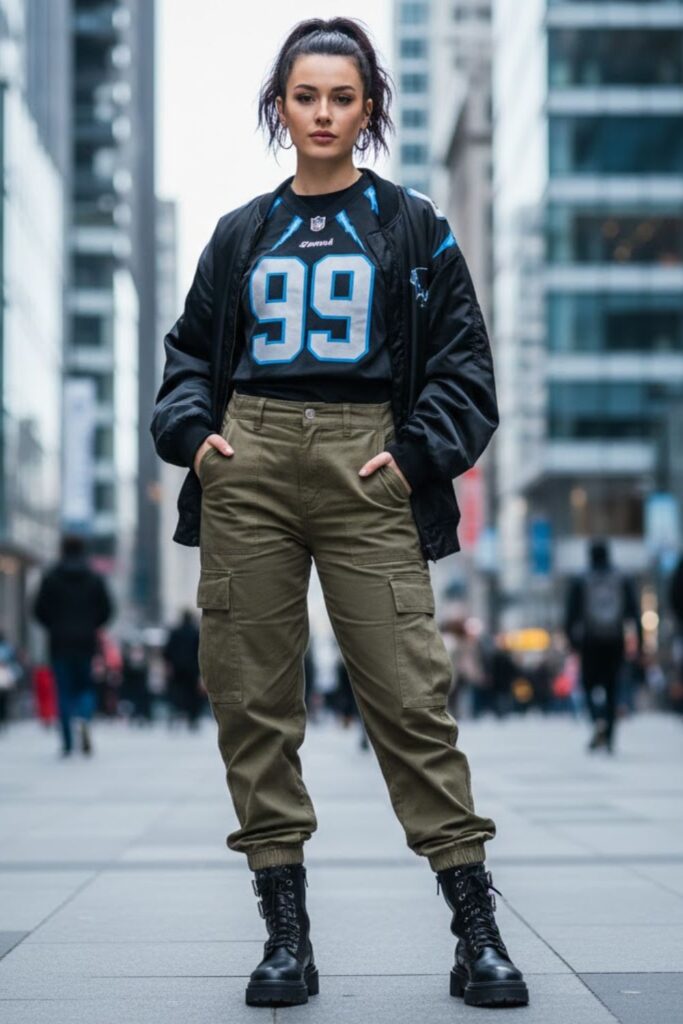 5. Cropped Football Jersey with Cargo Pants