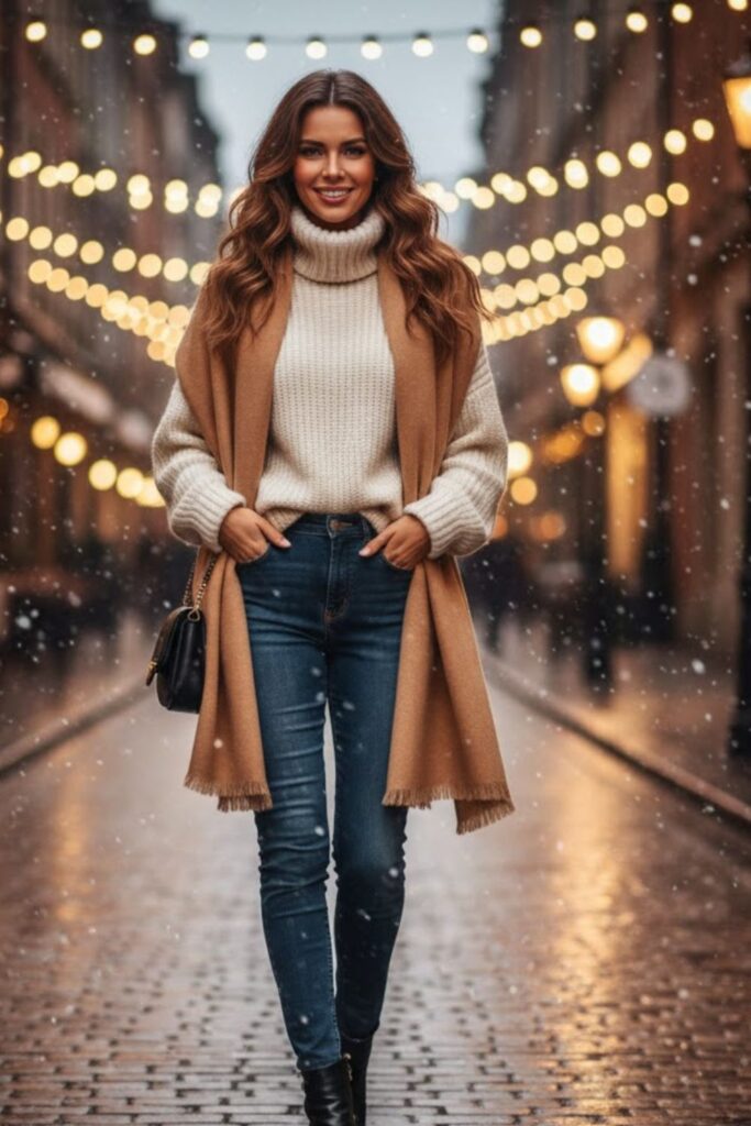 5. Dark Jeans with Chunky Knit Sweater and Scarf