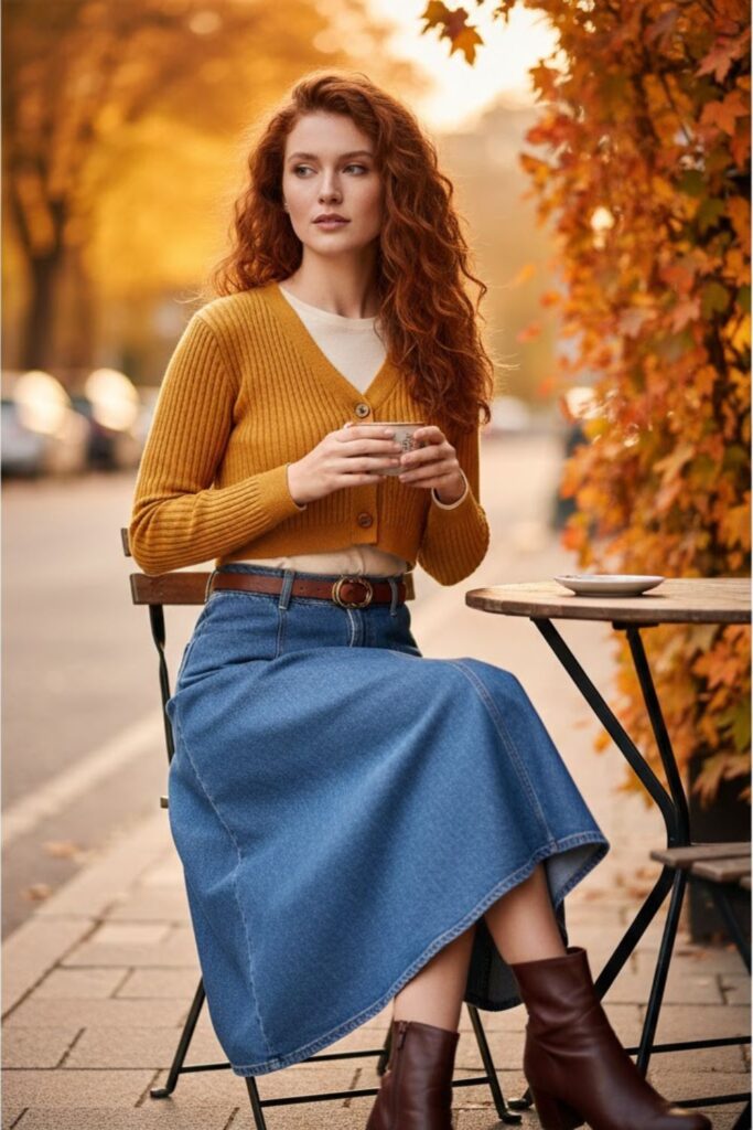 5. Denim Midi Skirt with a Cropped Cardigan