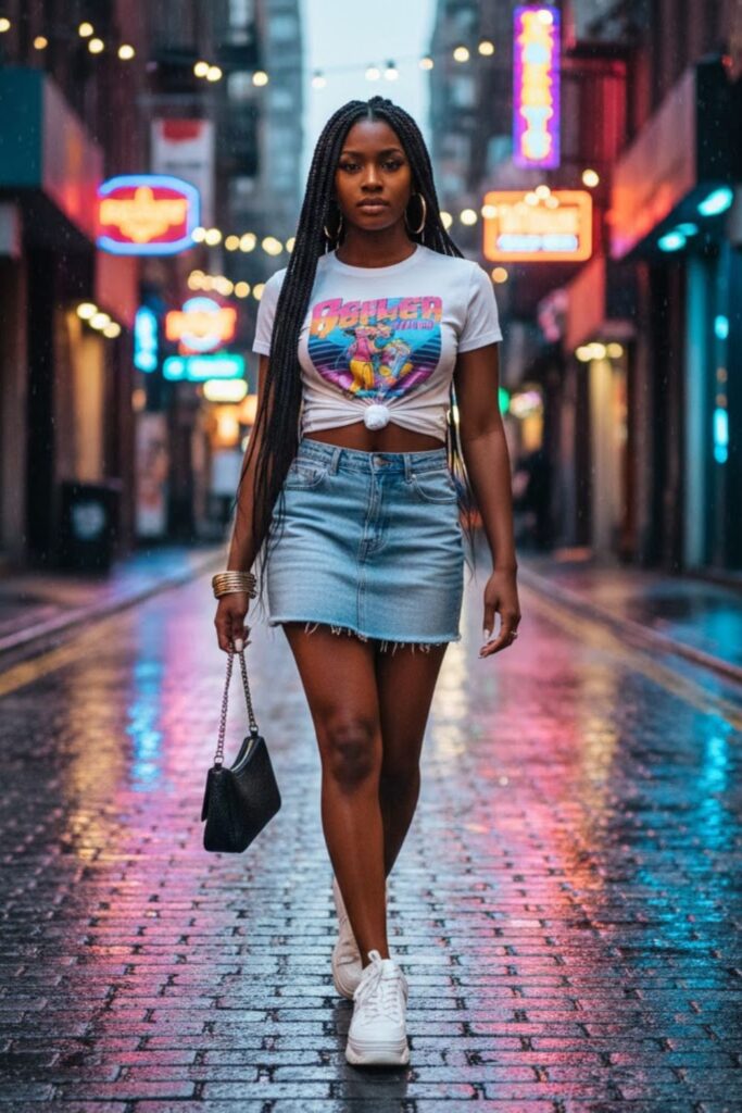 5. Denim Mini Skirt with Cropped Graphic Tee