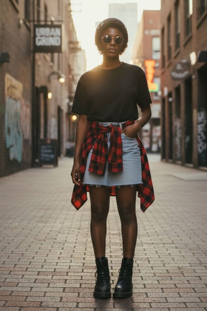 5. Denim Mini Skirt with Plaid Shirt