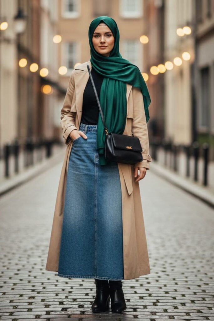 5. Denim Skirt and Trench Coat Elegance