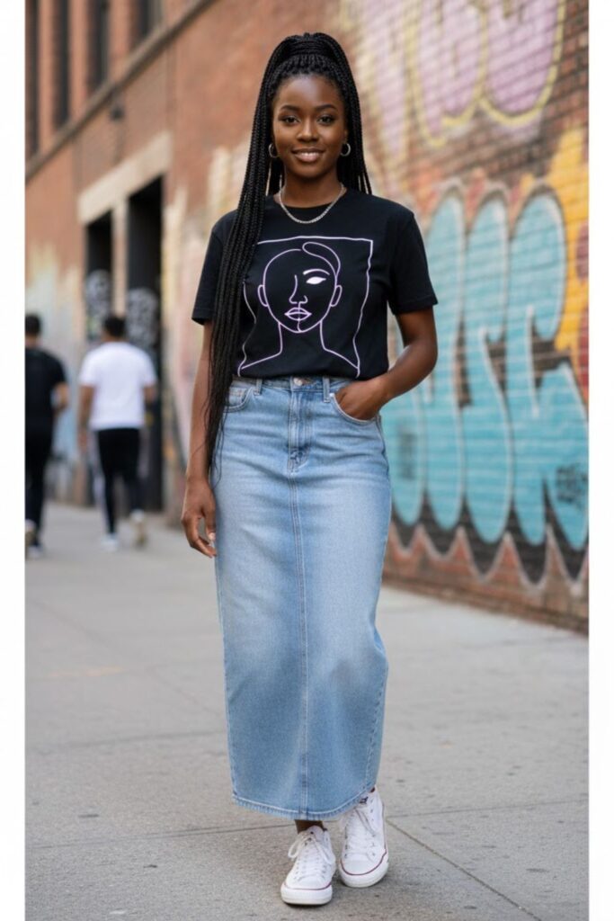 5. Denim Skirt with Graphic Tee and Sneakers