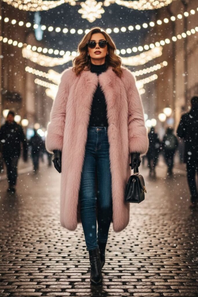 5. Faux Fur Pink Coat with Skinny Jeans