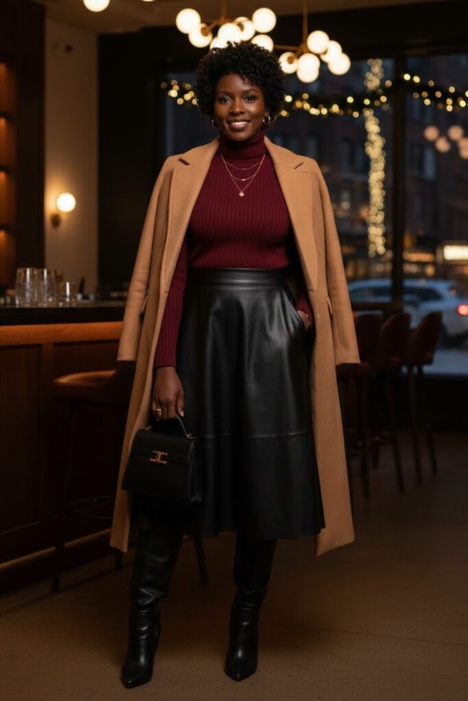 5. Faux Leather Skirt with Turtleneck and Boots