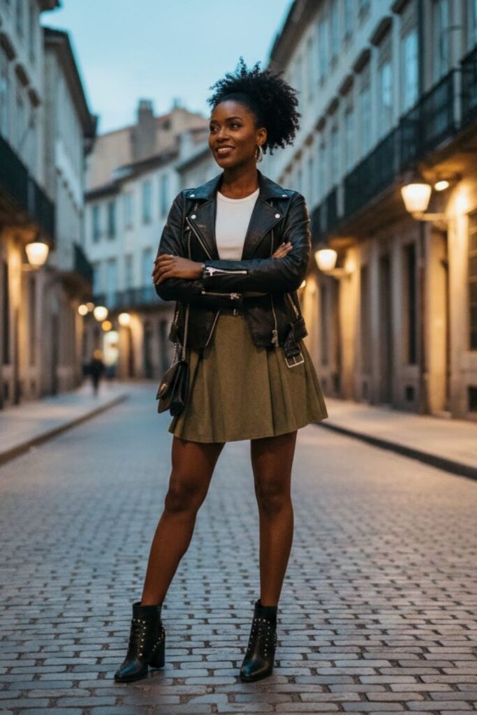 5. Green Mini Skirt with Leather Jacket