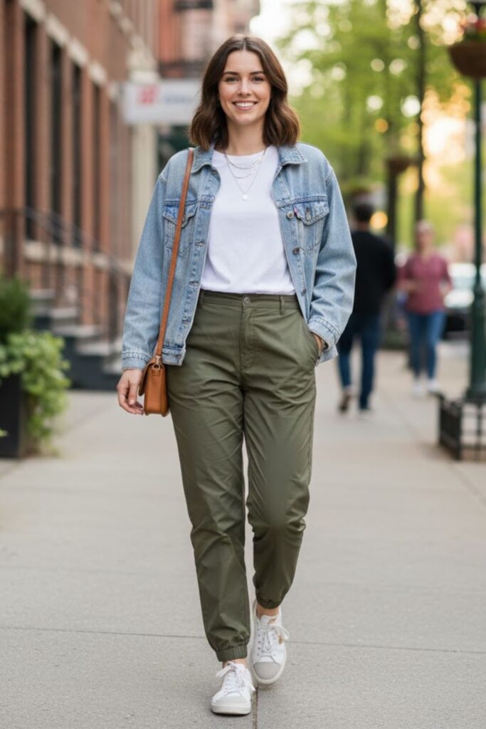 5. Green Parachute Pants with a Denim Jacket