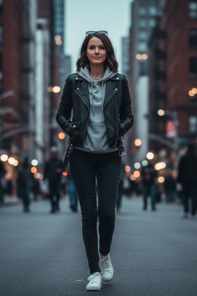 5. Grey Hoodie with Leather Jacket and Slim Jeans