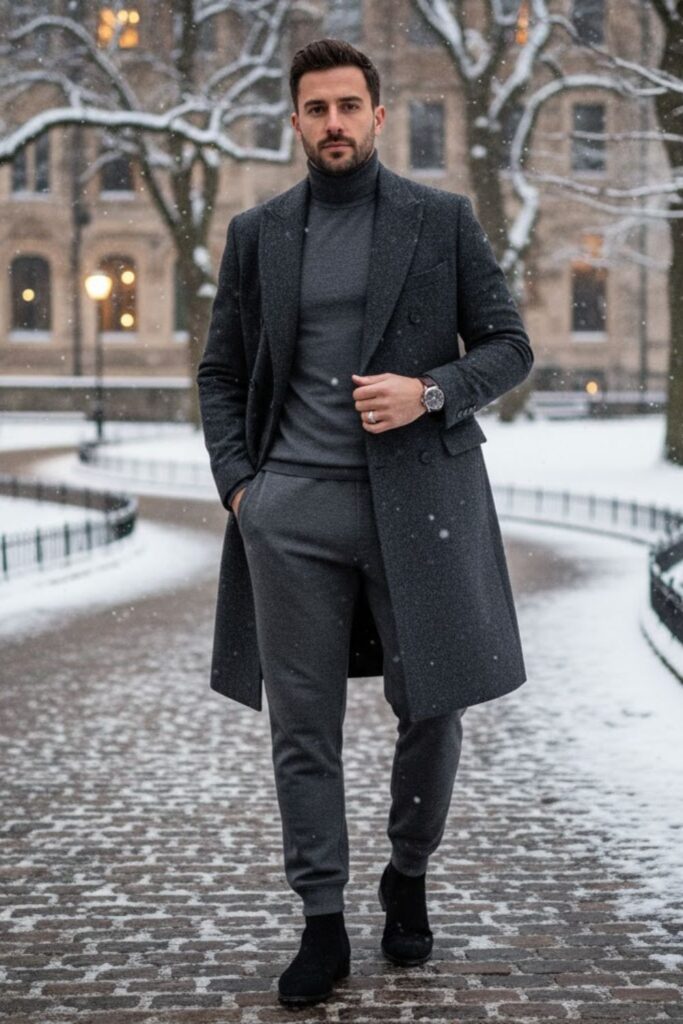 5. Grey Sweatpants with Turtleneck and Wool Coat