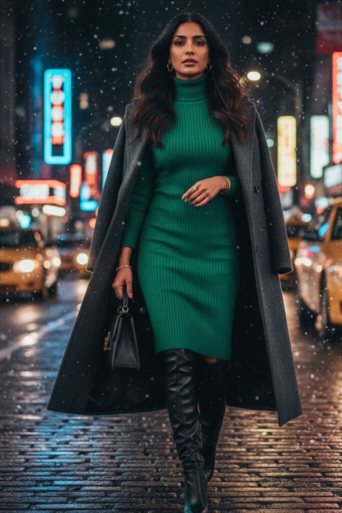 5. High-Neck Knit Dress with Knee-High Boots