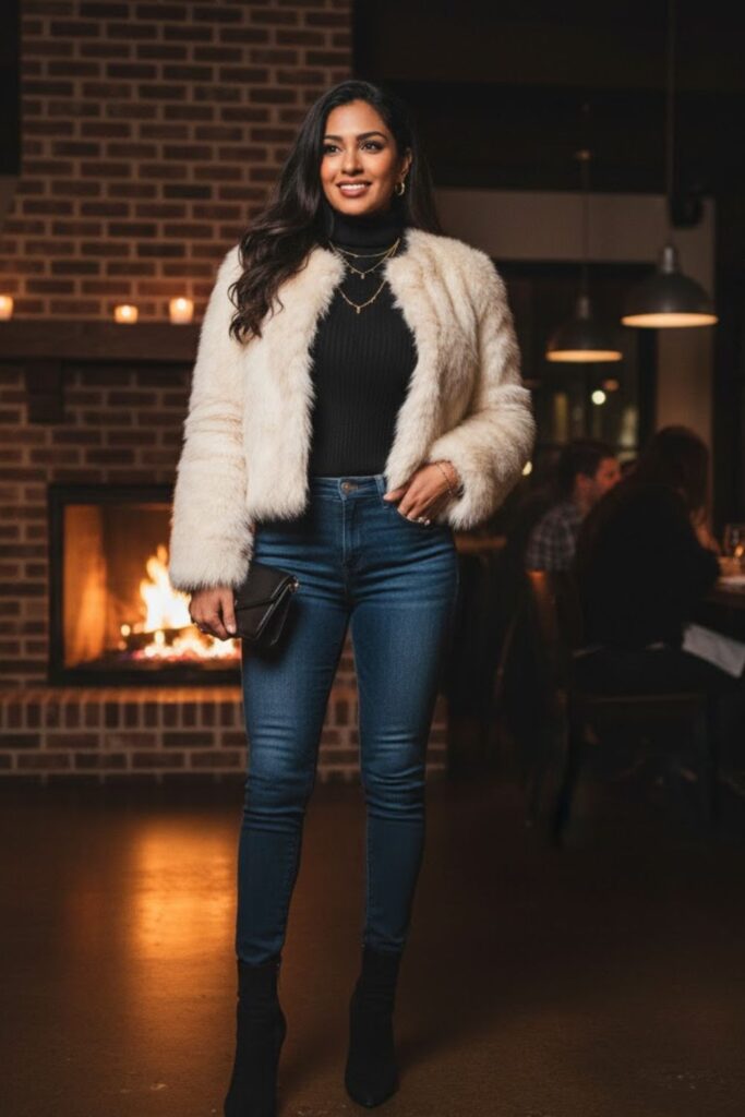 5. High-Waisted Jeans with Faux Fur Jacket