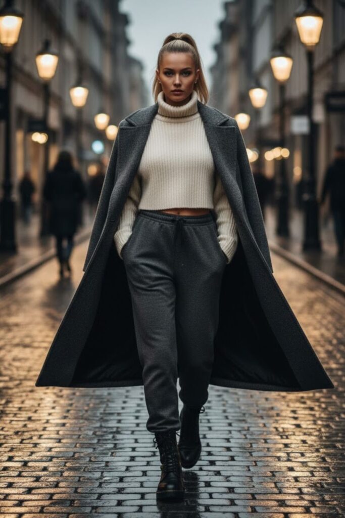 5. Joggers with Cropped Sweater and Combat Boots