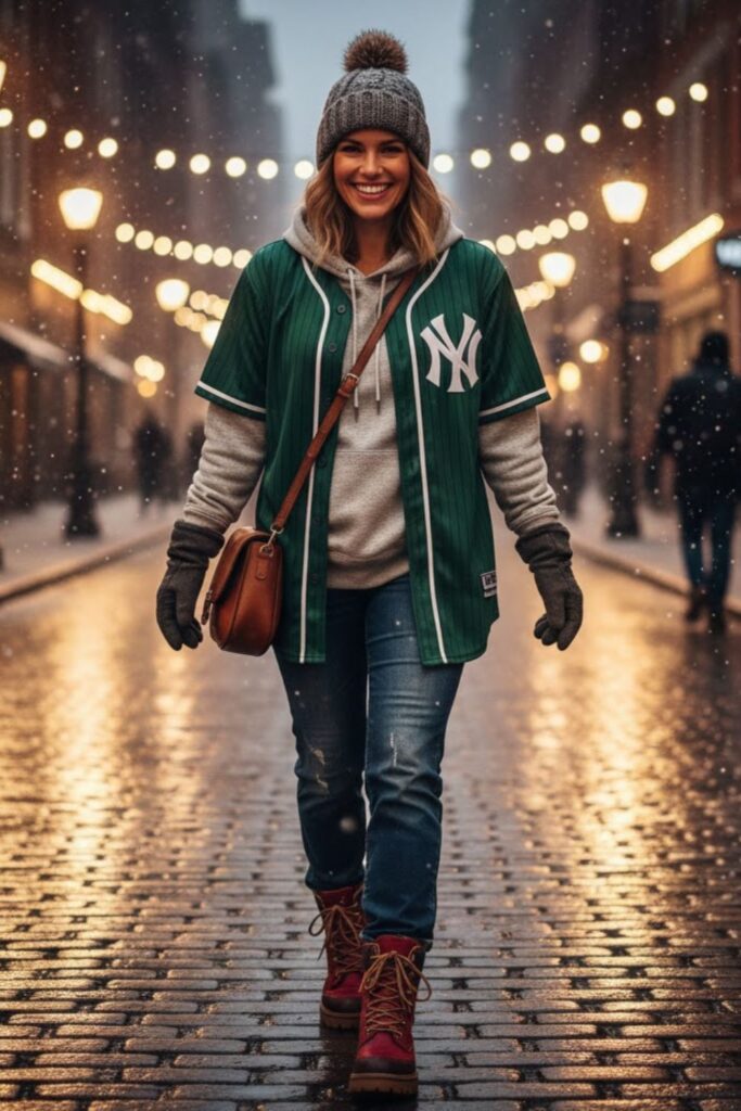 5. Layered Baseball Jersey with Hoodie and Jeans