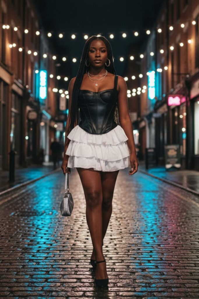 5. Leather Corset with Ruffled Mini Skirt