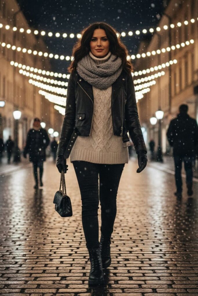 5. Leather Jacket with Knit Sweater and Skinny Pants