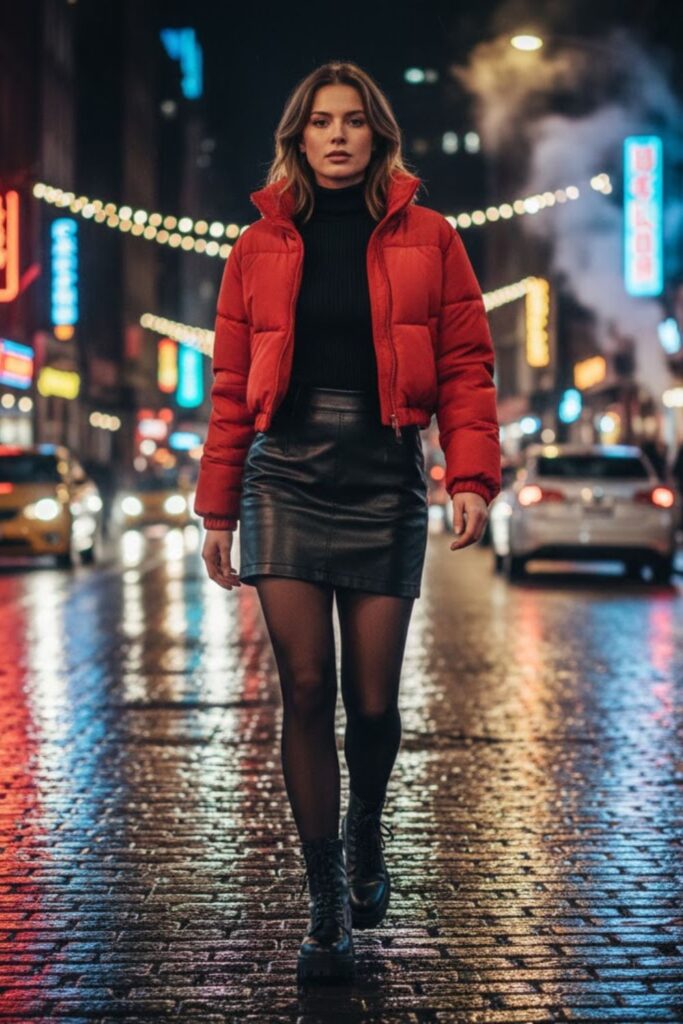5. Leather Skirt and Puffer Jacket